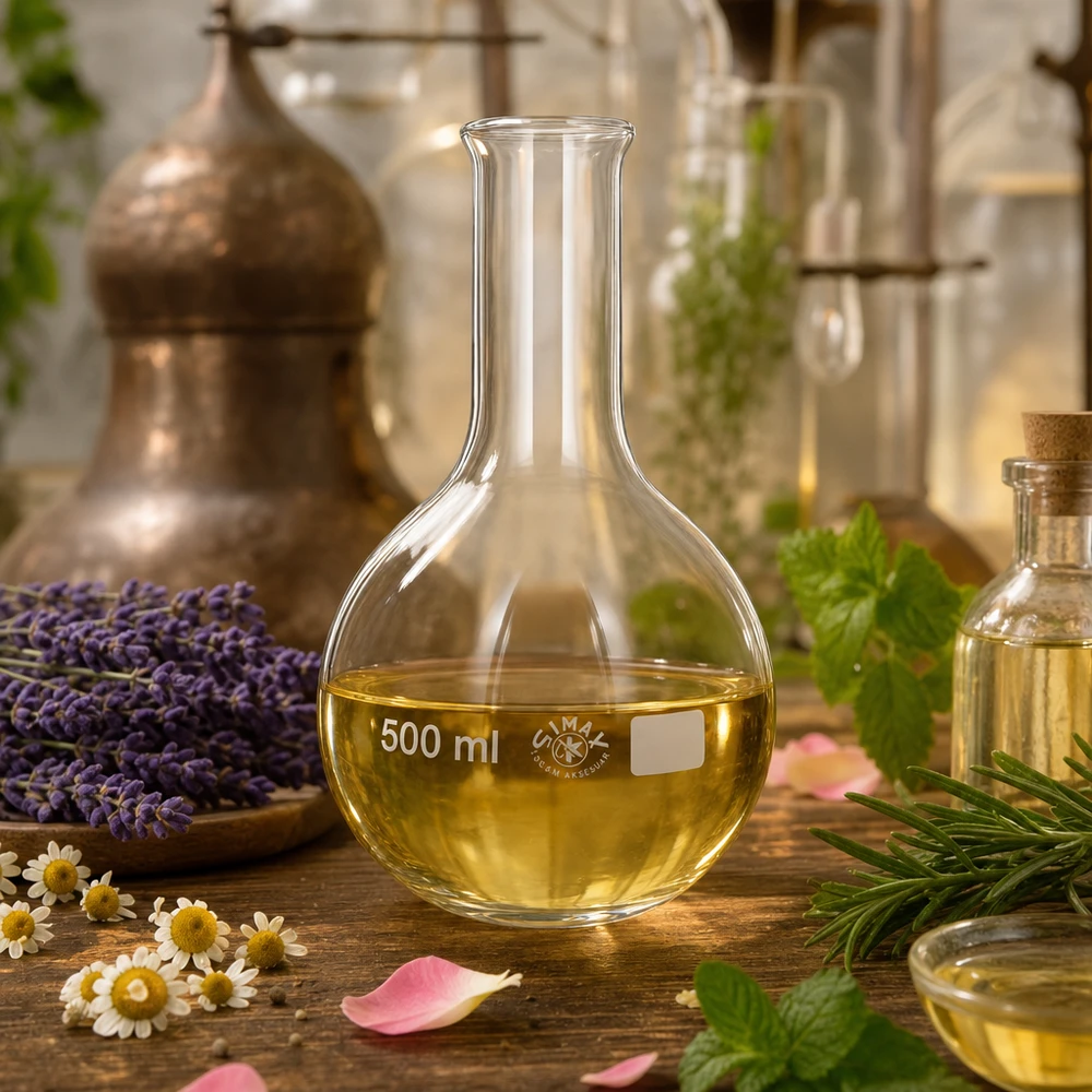 Ballon à fond plat 500 ml à col étroit, en verre borosilicate avec bord renforcé Flacon à col étroit 500ml entouré de lavande, de camomille et de plantes médicinales naturelles