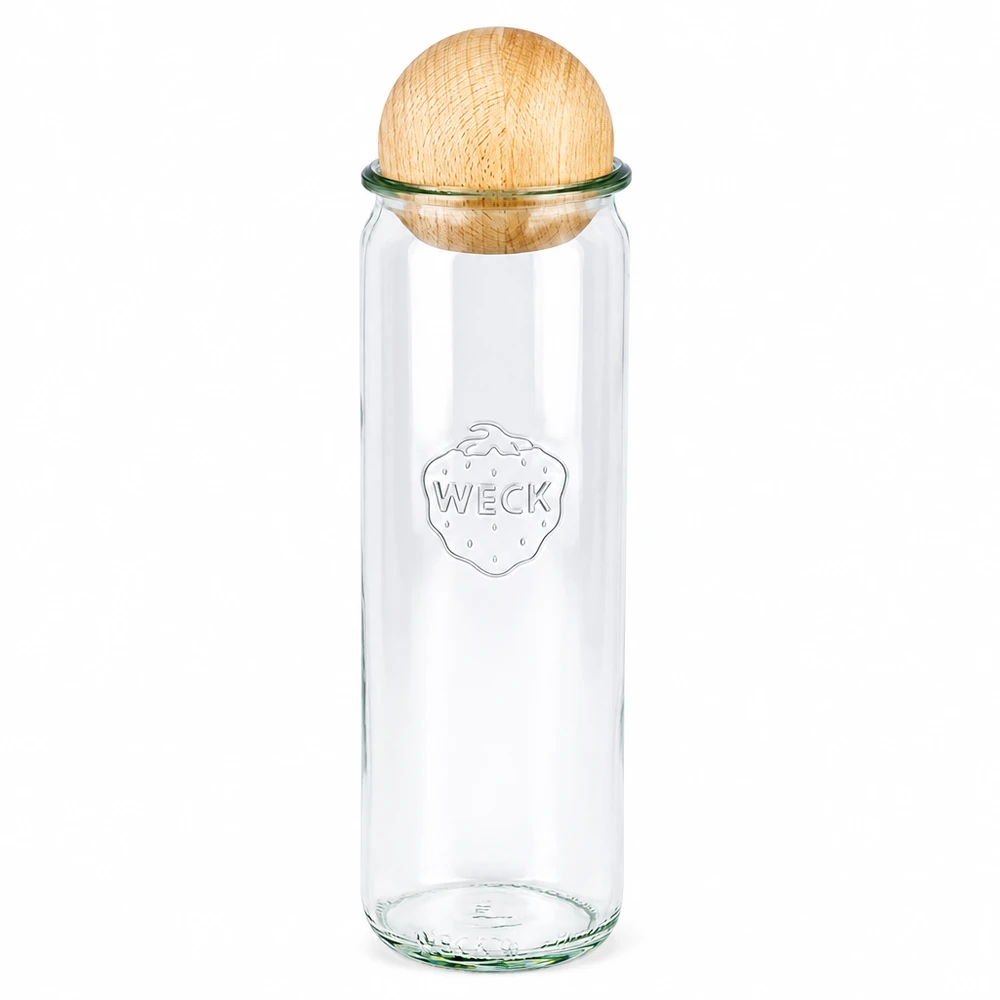 WECK Pot cylindrique 600ml RR60 avec boule en bois de hêtre Couvercle Pot de conservation transparent