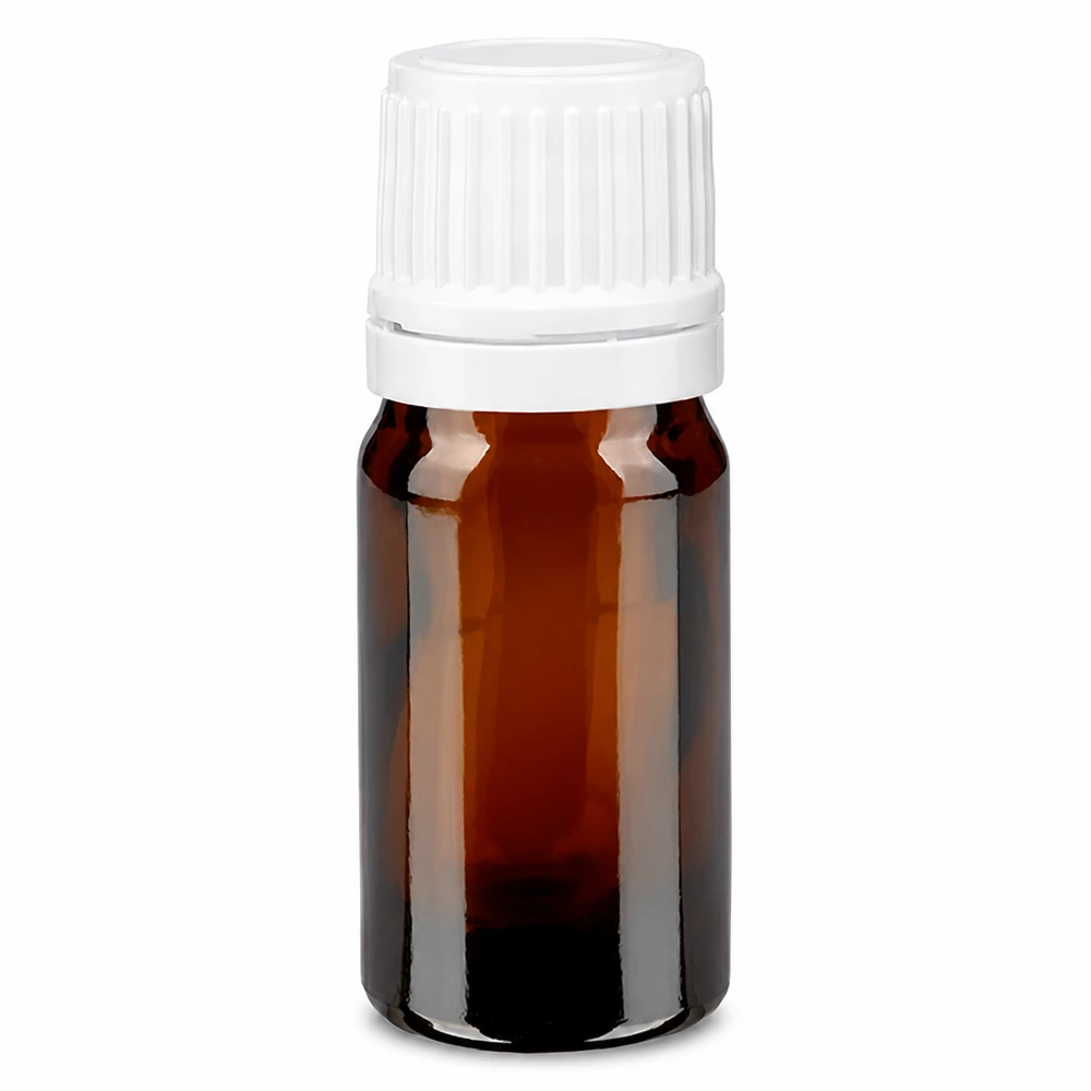 Petite bouteille en verre marron de 5 ml avec bouchon d'inviolabilité blanc à sécurité enfant