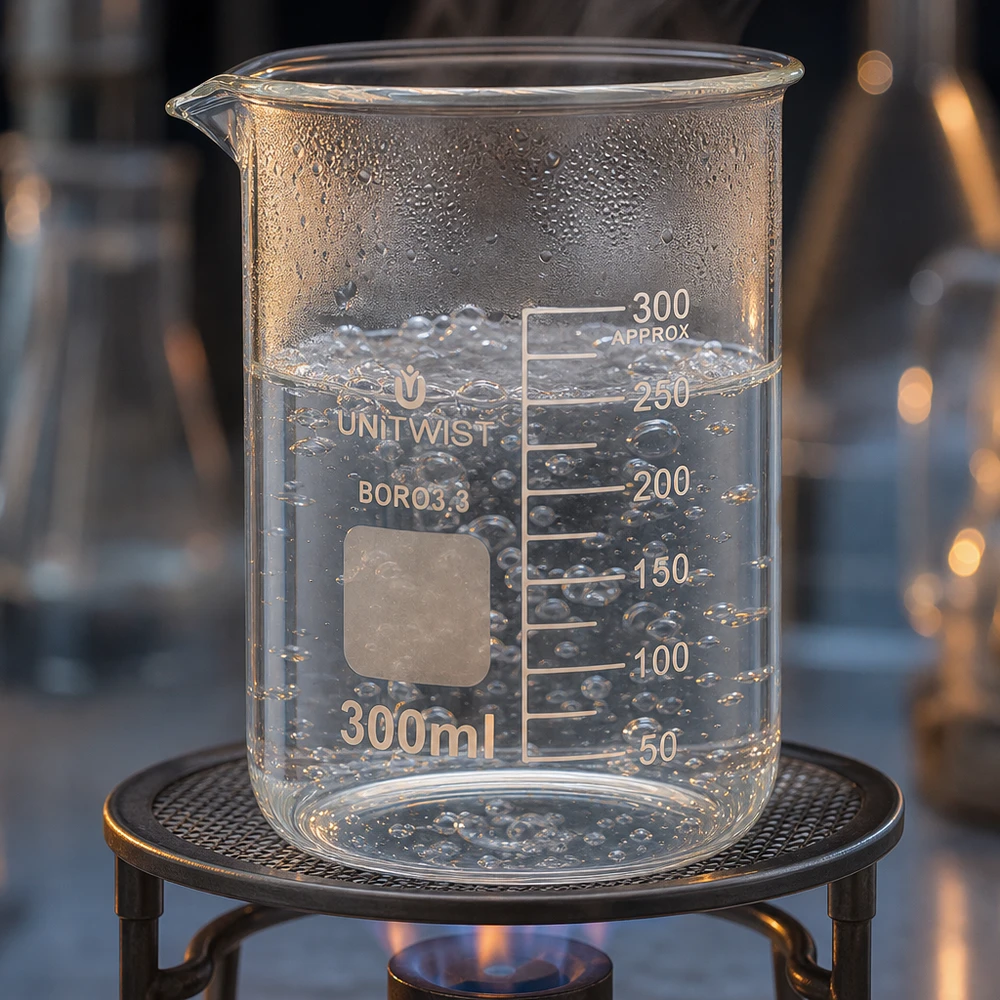 Bécher 300ml borosilicate, forme basse UNiTWIST Bécher en verre de 300 ml avec graduation en millilitres jusqu'à 300, monté sur un support de laboratoire avec brûleur à gaz