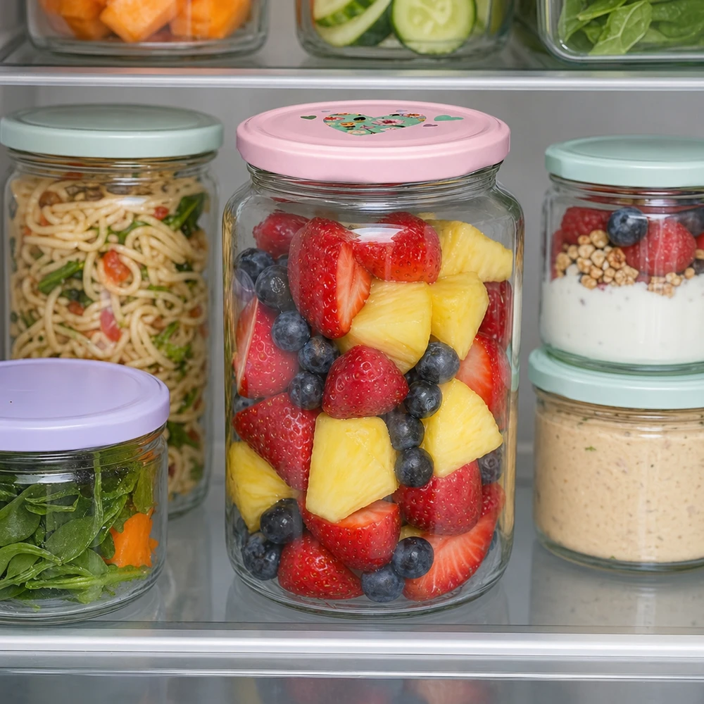 Pot rond 795 ml + couvercle BasicSeal rose cur UNiTWIST Rundglas 795ml mit rosa Herzdeckel gefüllt mit Obstsalat im Kühlschrank neben anderen Vorratsgläsern mit Salat und Nudel
