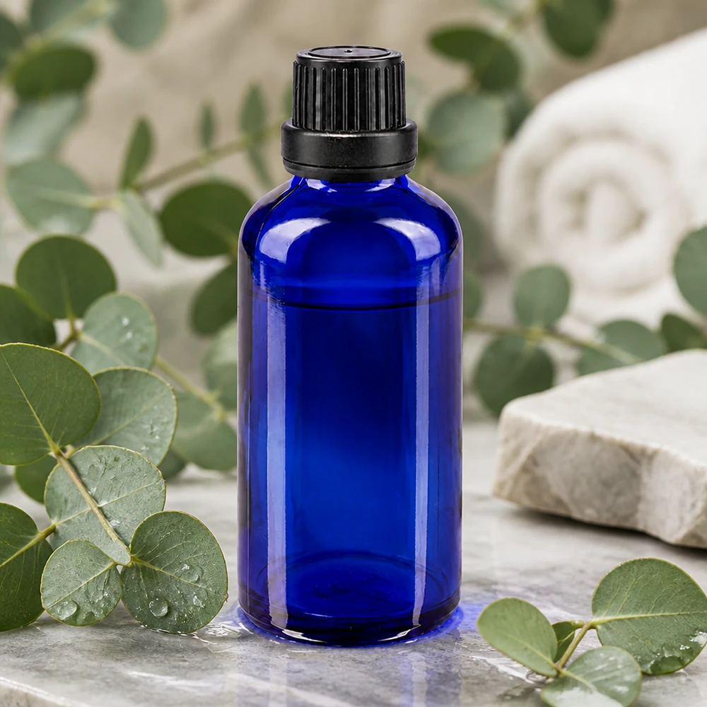 Flacon de pharmacie bleu 50ml bouchon vissable noir bouchon inviolabilité Flacon en verre bleu de 50 ml avec bouchon d'origine noir de 11 mm, posé sur du marbre parfumé à l'eucalyptus