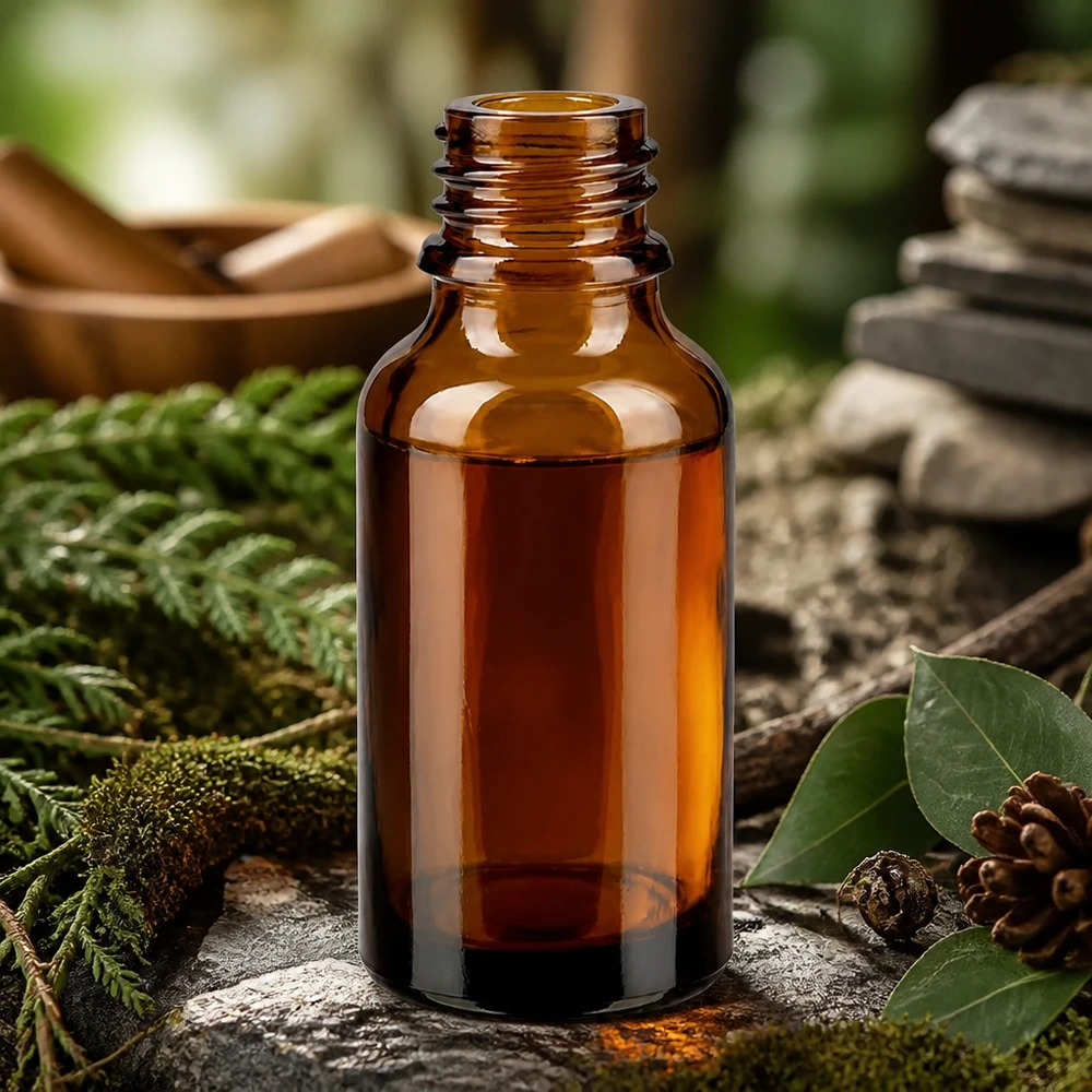 Bouteille ApoGlas brune de 30ml dans un environnement forestier naturel avec mousse fougère et pommes de pin pour la médecine naturelle