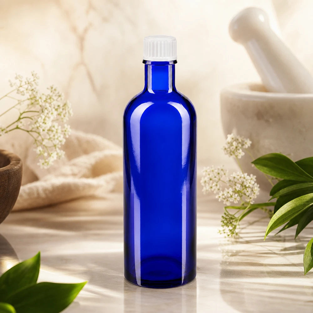 Flacon de pharmacie bleu 200ml bouchon vissable blanc standart Flacon de médicaments bleu cobalt de 200 ml avec bouchon à vis blanc, pour remèdes naturels et teintures