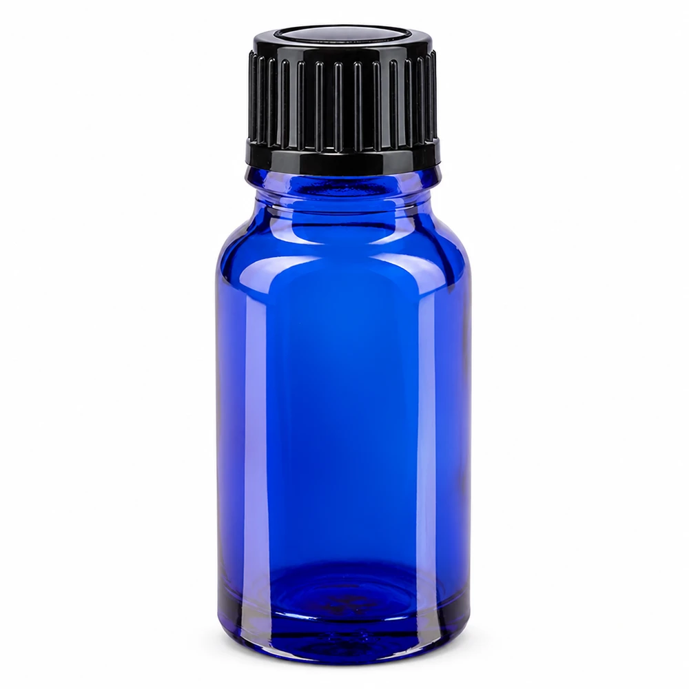Flacon de pharmacie bleu 10ml bouchon vissable noir standart Flacon en verre bleu cobalt de 10 ml muni d'un bouchon de sécurité noir pour enfants, destiné aux pharmacies