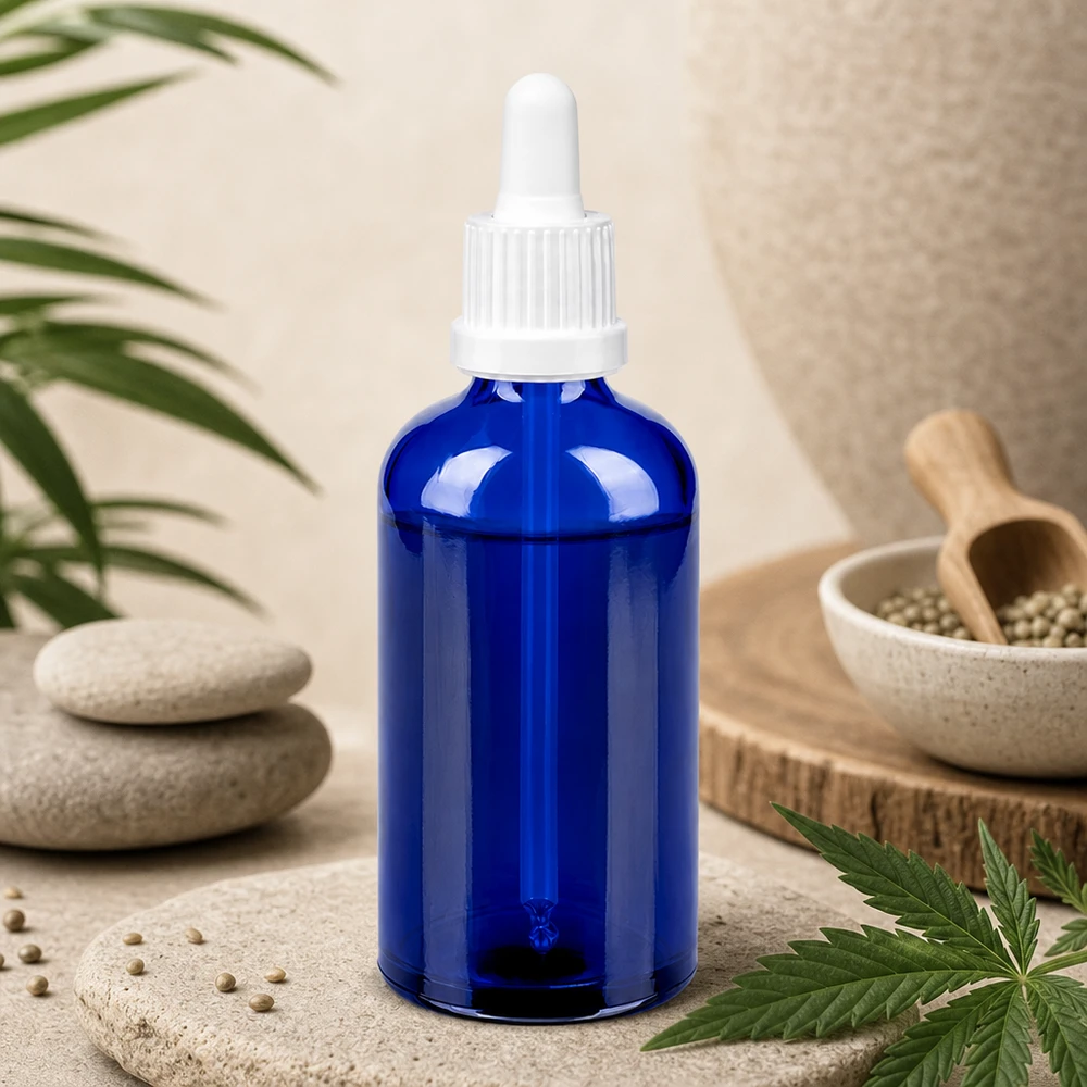 Flacon à pipette 100ml blanc OV BlueLine UT18/100 Flacon compte-gouttes vide de 100ml en verre bleu à remplir soi-même avec des sérums et des extraits