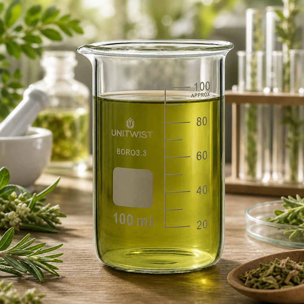 Bécher 100ml borosilicate, forme haute UNITWIST Verre à bec UNITWIST de 100 ml en borosilicate, de forme haute, contenant de l'huile végétale, accompagné d'un mortier et de tubes à essai