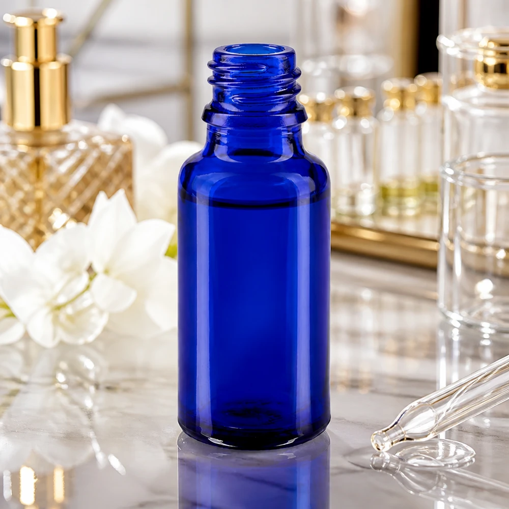 Flacon avec compte-gouttes 20 ml DIN18 - verre bleu Bouteille de pharmacie compacte de 20 ml en verre spécial bleu pour une conservation sûre des substances actives