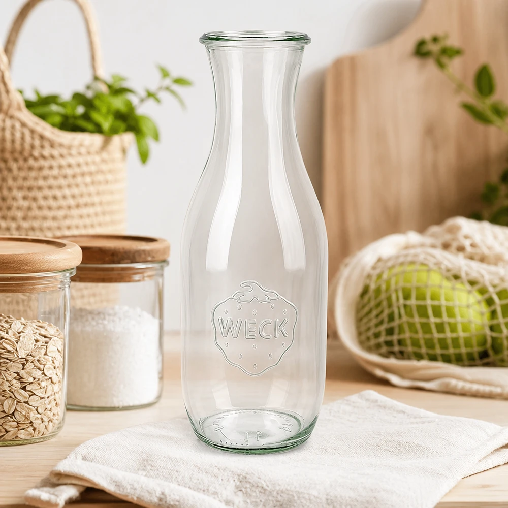 Bouteille à jus WECK RR60 de 1062 ml WECK Bouteille de jus de fruits 1062ml RR60 sur toile blanche dans une cuisine durable avec des bocaux à provisions et des légumes bio