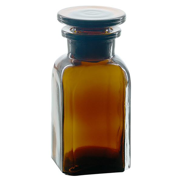 Flacon carré col large 100 ml + bouchon RIN, verre ambré Flacon carré col large 100 ml + bouchon RIN, verre ambré