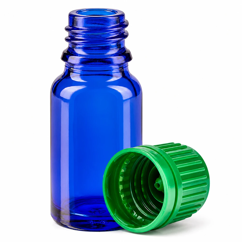 Flacon 10ml 11mm SV vert OV BlueLine UT18/10 Flacon compact BlueLine de 10 ml en verre bleu anti-UV avec bouchon vert pratique