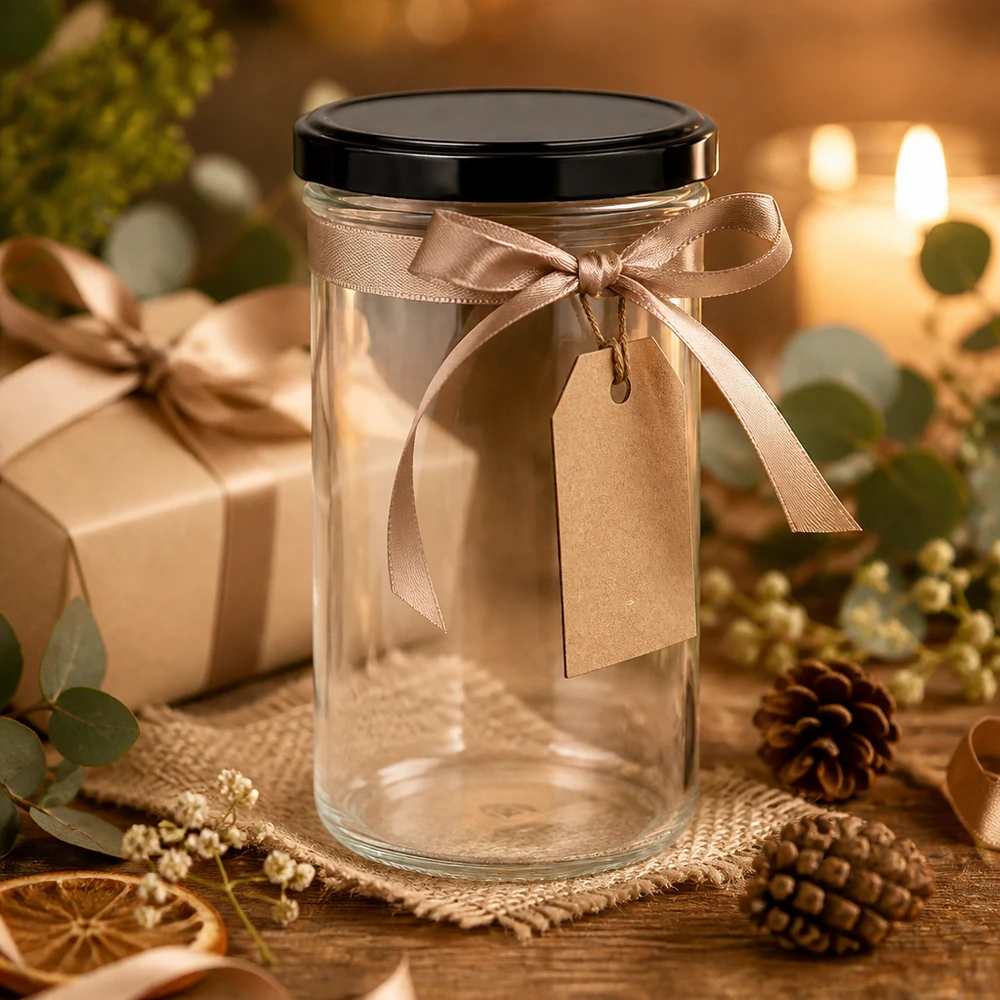 230ml Verre conique avec couvercle BasicSeal noir UNiTWIST 277ml verre renversé comme emballage cadeau avec ruban brun et pendentif décoration de Noël verre cadeau vide