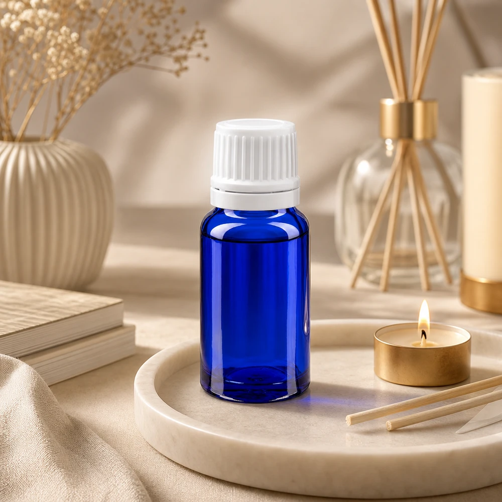 Flacon de pharmacie de 10 ml en verre bleu cobalt, muni d'un bouchon d'origine à sécurité enfant