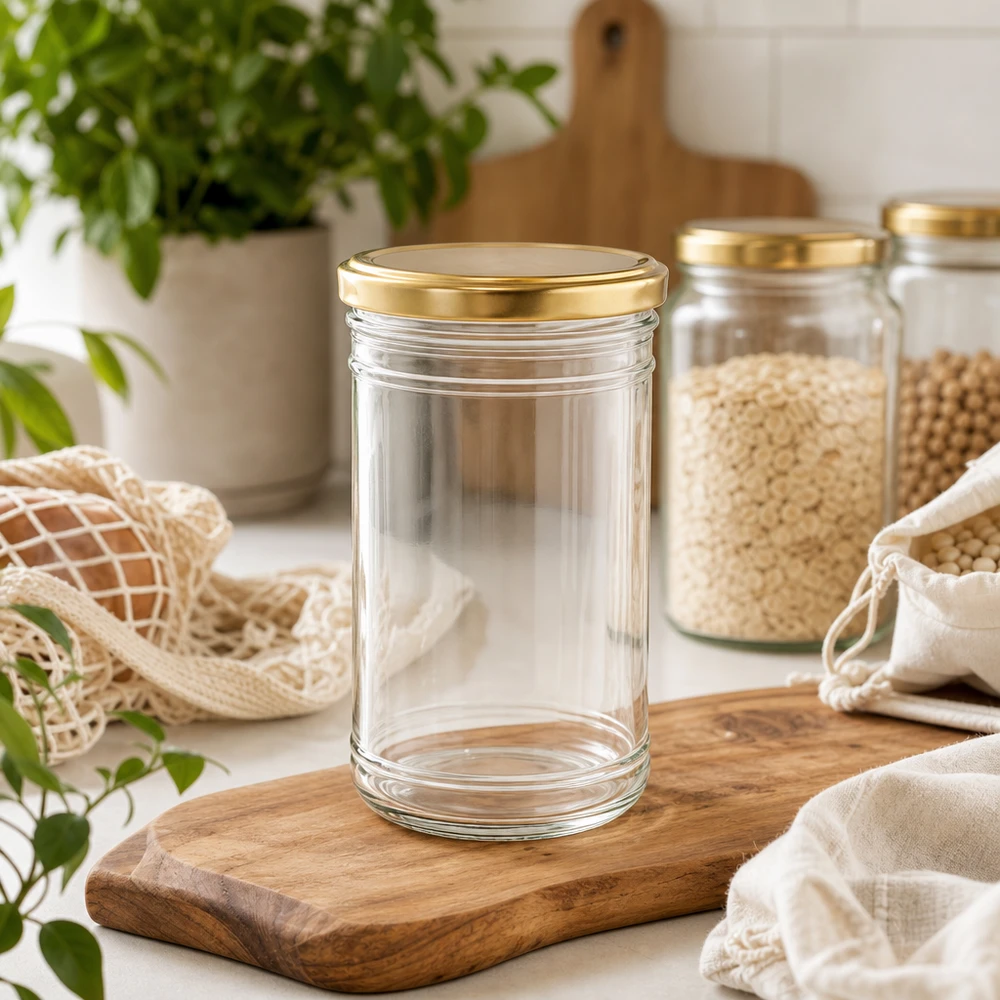1053ml Verre conique avec couvercle BasicSeal or UNiTWIST Bocal vide de 1053ml avec couvercle doré sur planche en bois dans la cuisine durable Zero Waste avec bocaux à provisions