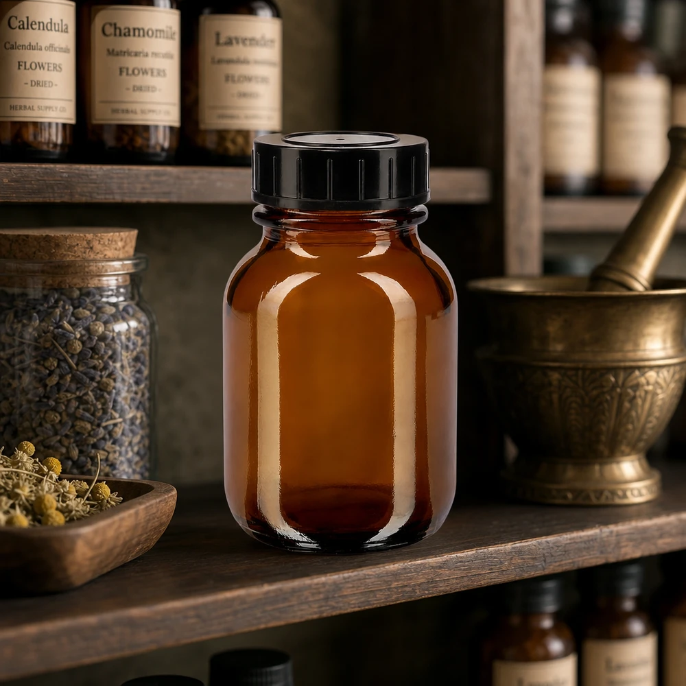 Bouteille en verre brun de 50 ml de haute qualité avec profil à col large pour les applications pharmaceutiques et cosmétiques