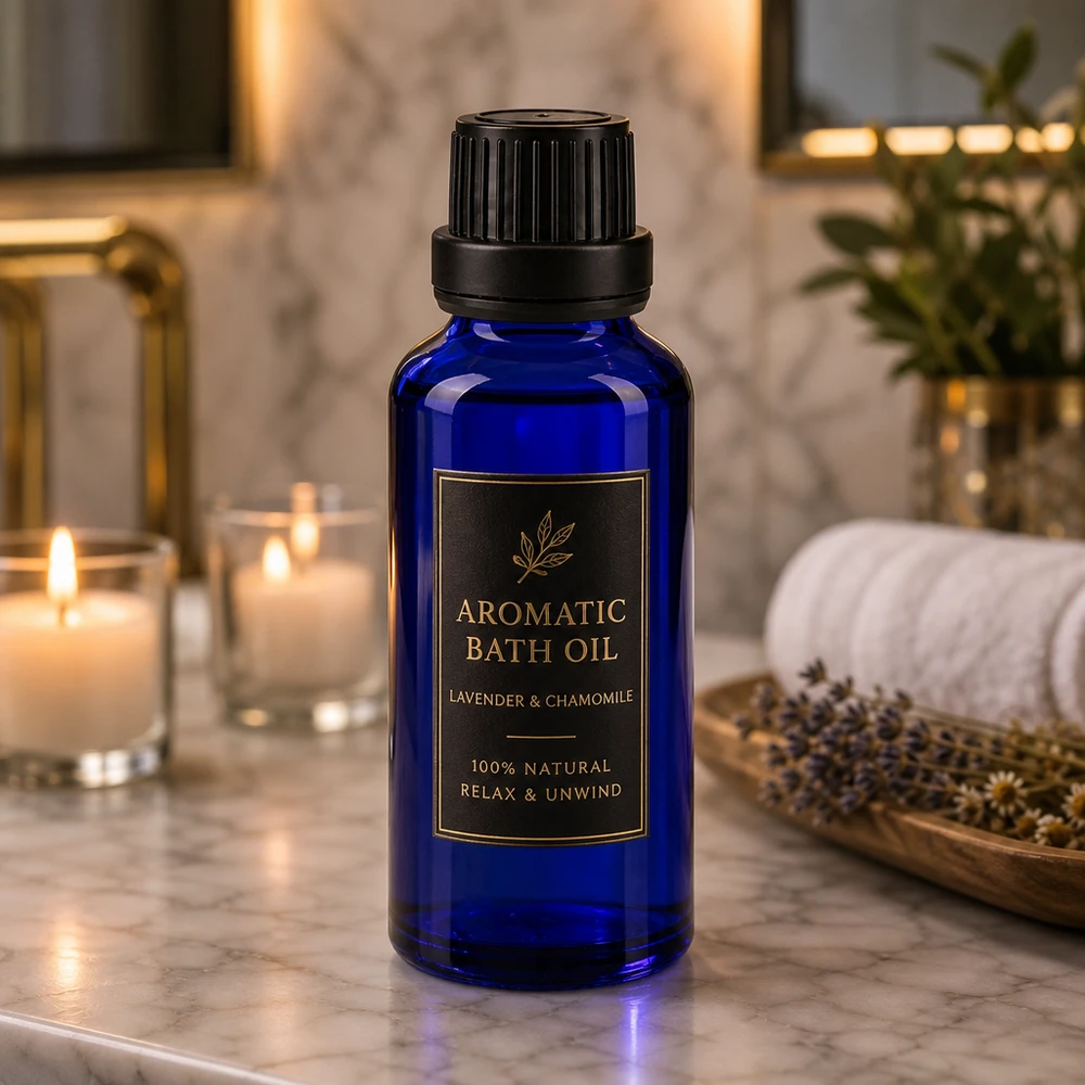 Flacon de pharmacie bleu 30ml bouchon vissable noir bouchon inviolabilité Flacon en verre bleu de 30 ml muni d'un bouchon de sécurité noir pour enfants, destiné aux huiles de bain aromatiques