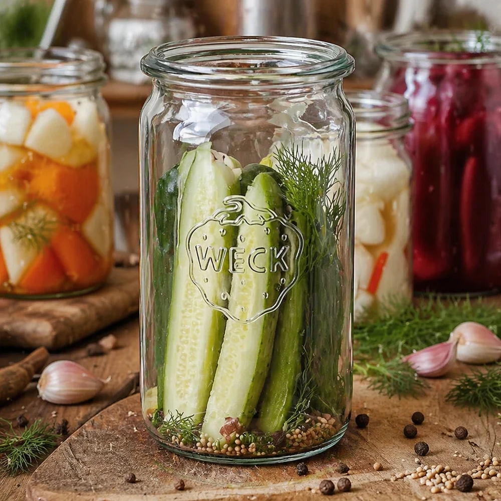 WECK Pot cylindrique 340ml RR60 avec cornichons marinés et aneth montre une utilisation polyvalente pour la marinade de légumes