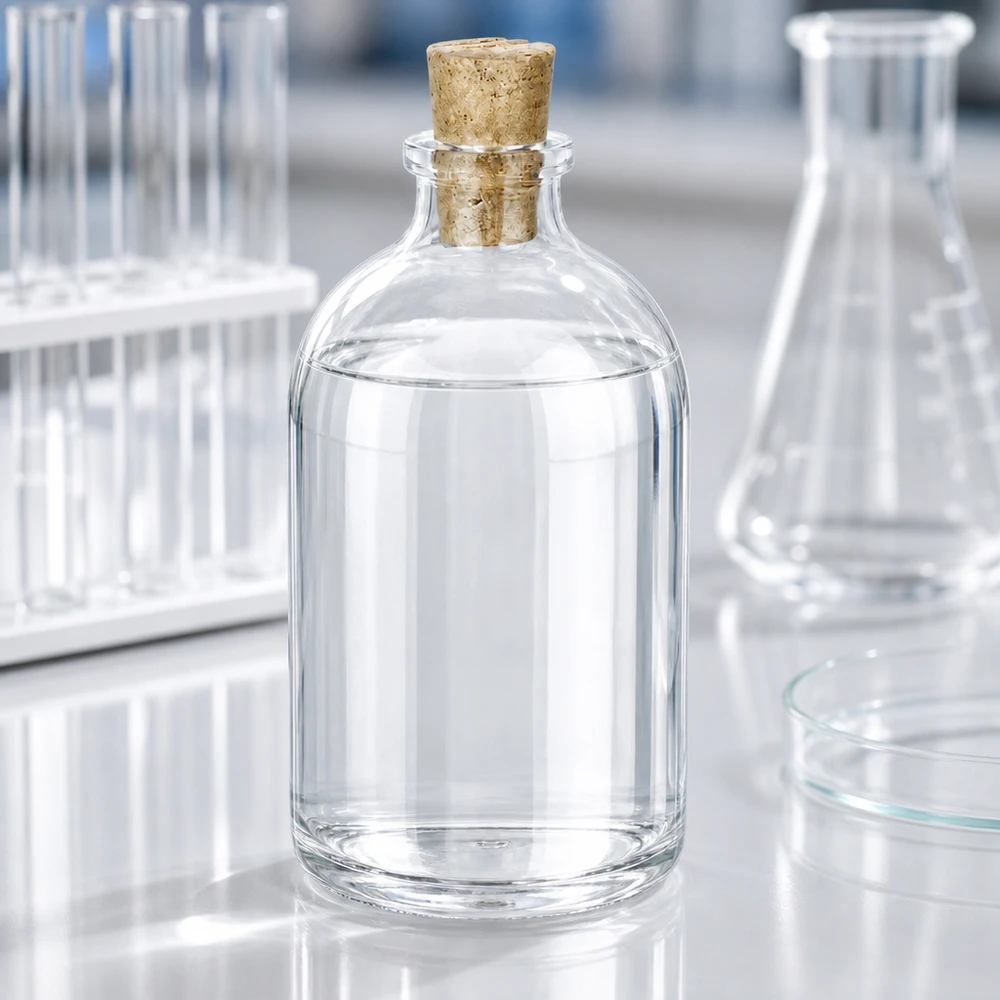 Flacon en verre clair 100 ml avec bouchon de liège 11/14 mm Miniaturflasche Klarglas 100ml mit konischem Korken auf Labortisch