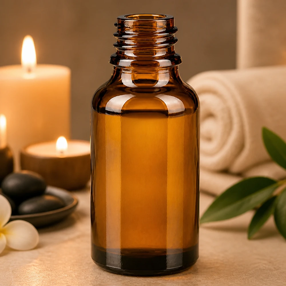 Bouteille brune ApoGlas de 30 ml avec accessoires de bien-être Pierres de spa Serviette et bougies d'aromathérapie