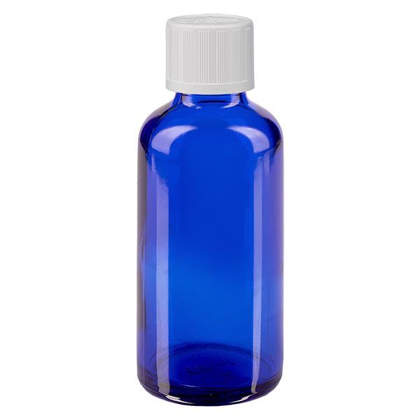 Flacon à pharmacie bleu 50ml bouchon anti-goutte blanc séc. enf. std
