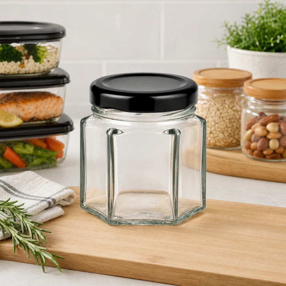 47ml Verre hexagonal avec couvercle BasicSeal noir UNiTWIST Bocal hexagonal de 47 ml vide avec couvercle BasicSeal noir dans la cuisine moderne à côté des bocaux de stockage et des boîtes de préparation des repas (meal prep boxes)