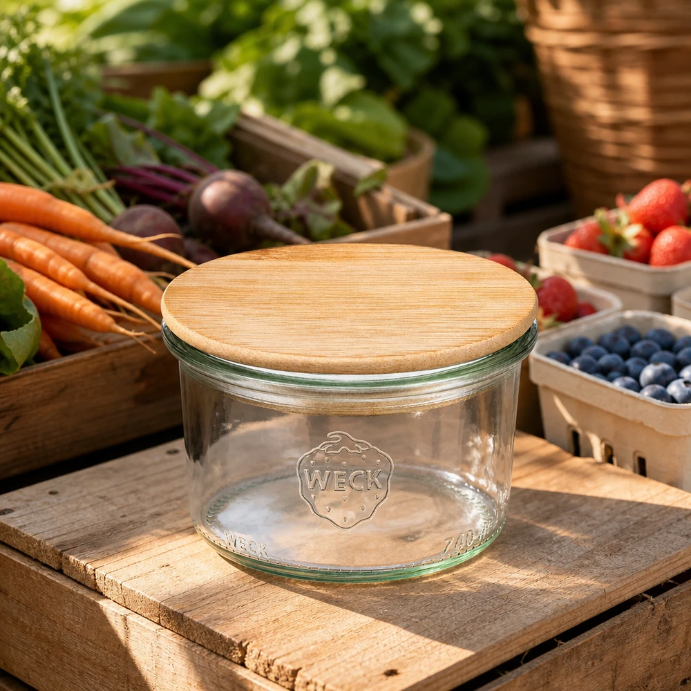 200ml WECK Pot renversé RR80 avec couvercle en bois dans une scène de marché rustique entourée de légumes et de fruits frais