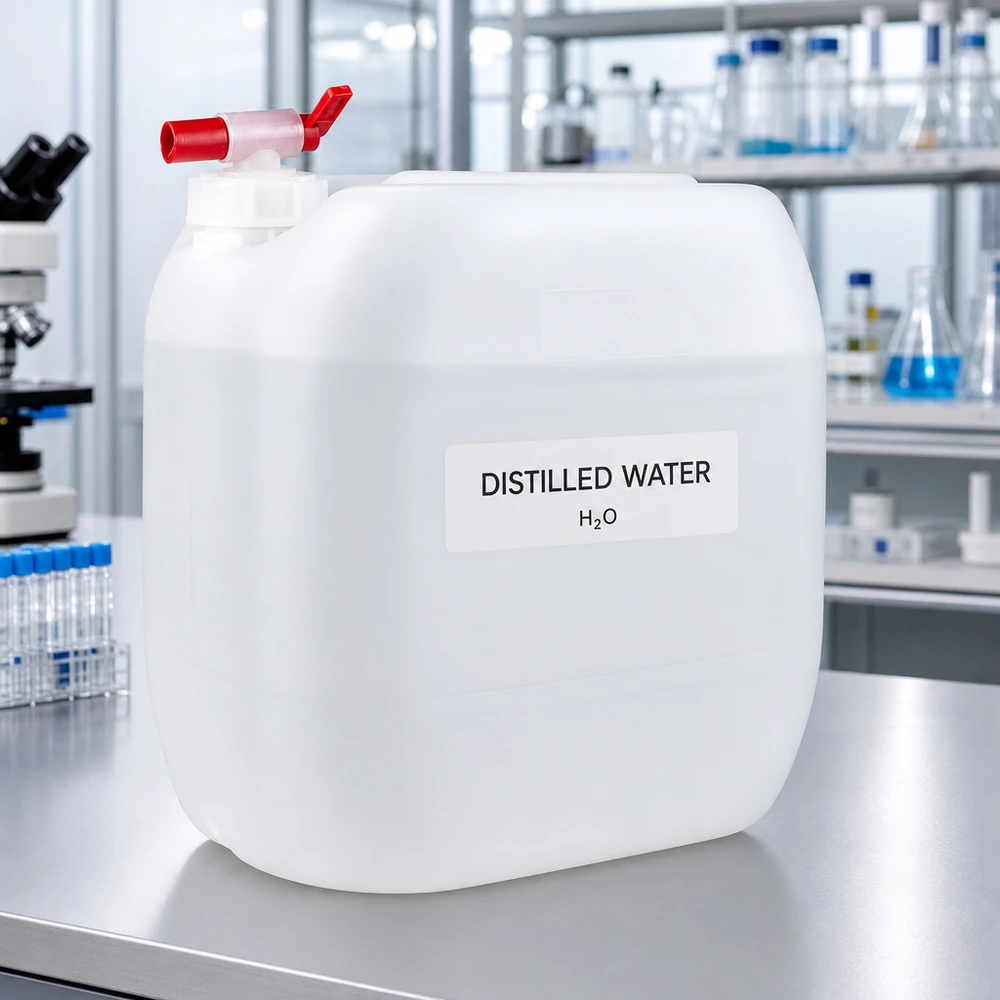 Grand bidon de laboratoire blanc de 30 L, muni d'un robinet de vidange pratique pour l'eau distillée H₂O