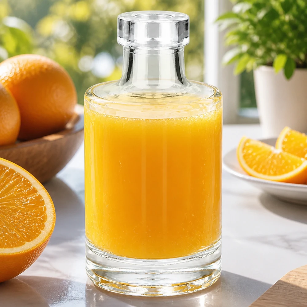 Bouteille en verre 100 ml « Marie » sans bouchon UNiTWIST® Bouteille en verre Marie de 100 ml remplie de jus d'orange entourée d'oranges fraîches et de tranches d'orange sur une table en marbre