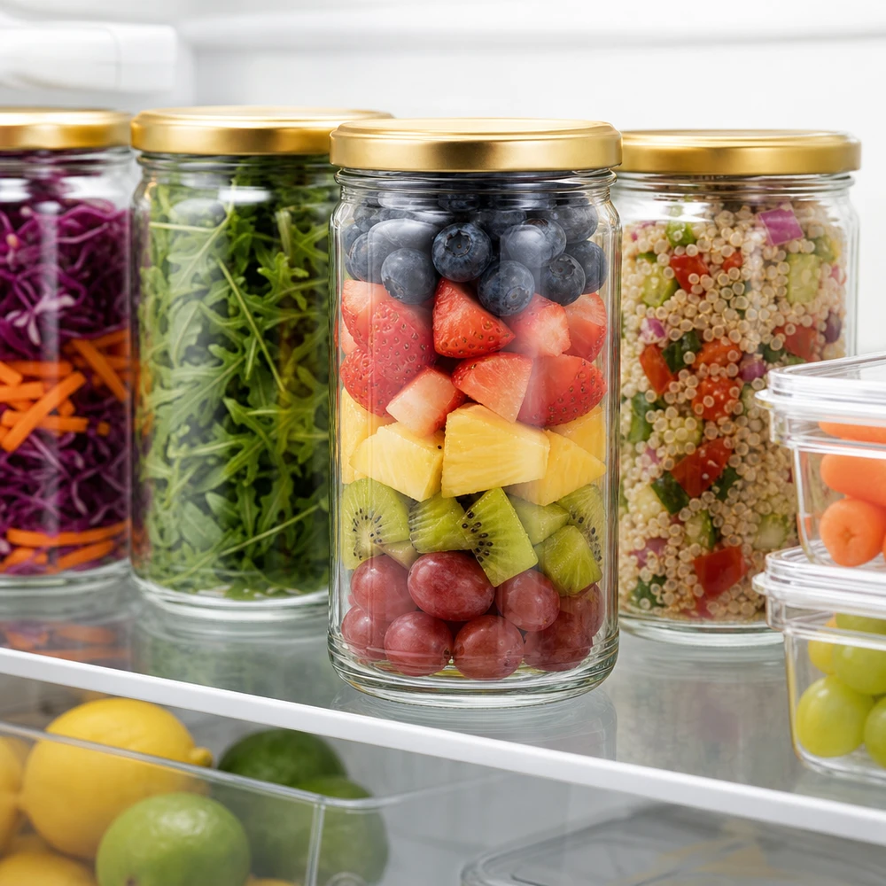 1053ml Verre conique avec couvercle BasicSeal or UNiTWIST 1053ml pot renversé avec couvercle doré rempli de fruits au réfrigérateur pour la préparation des repas et la conservation des aliments