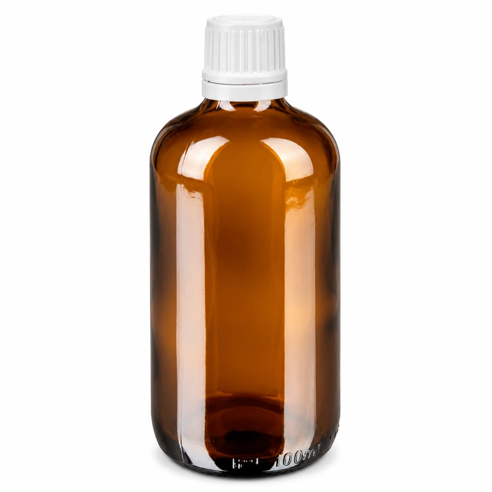 Flacon compte-gouttes en verre brun de 100 ml avec bouchon d'inviolabilité à sécurité enfant, blanc, ApoGlas