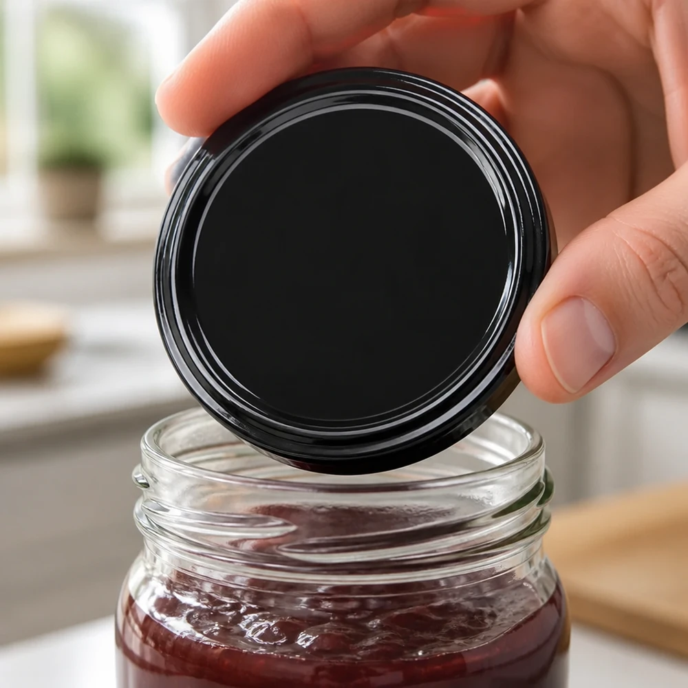 Couvercle BasicSeal noir de 82 mm (TO82) UNiTWIST Un couvercle de conserve noir TO82 de 82 mm, modèle BasicSeal UNiTWIST, flotte au-dessus d'un bocal en verre ouvert