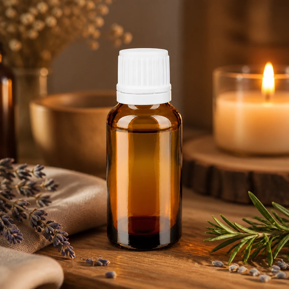Flacon en verre pharmacien brun de 20 ml avec protection contre les UV et bouchon OV blanc pour essences d'herbes médicinales