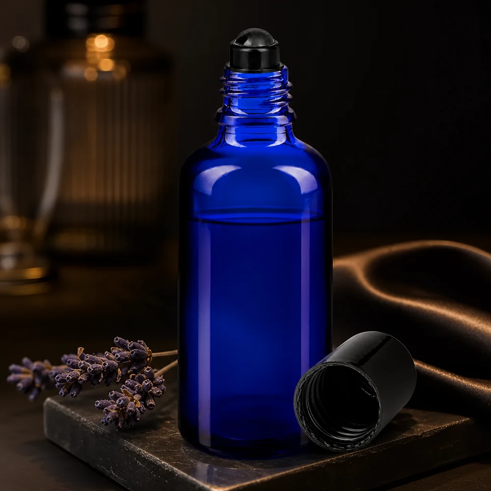 Flacon de déodorant en verre bleu 50 ml, déo à bille vide Flacon à bille bleu de 50 ml en verre d'apothicaire, muni d'un bouchon noir à visser, posé sur un socle en pierre foncée