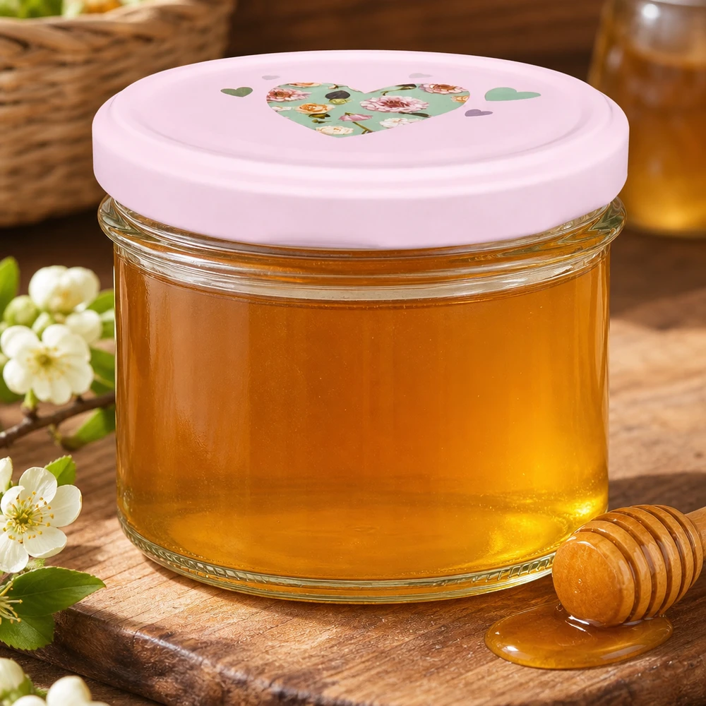 Verres de 225 ml + couvercle BasicSeal cur rose UNiTWIST Miel doré en pot renversé de 225 ml avec couvercle rose en forme de cœur BasicSeal sur une planche en bois avec cuillère à miel et fleurs