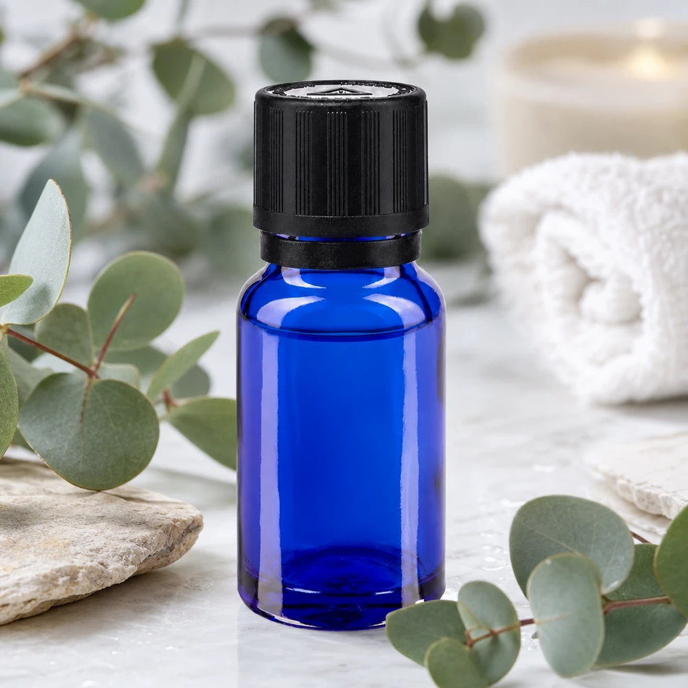 Petit flacon en verre bleu de 10 ml avec bouchon à vis à sécurité enfant et compte-gouttes de 1 mm pour huiles essentielles