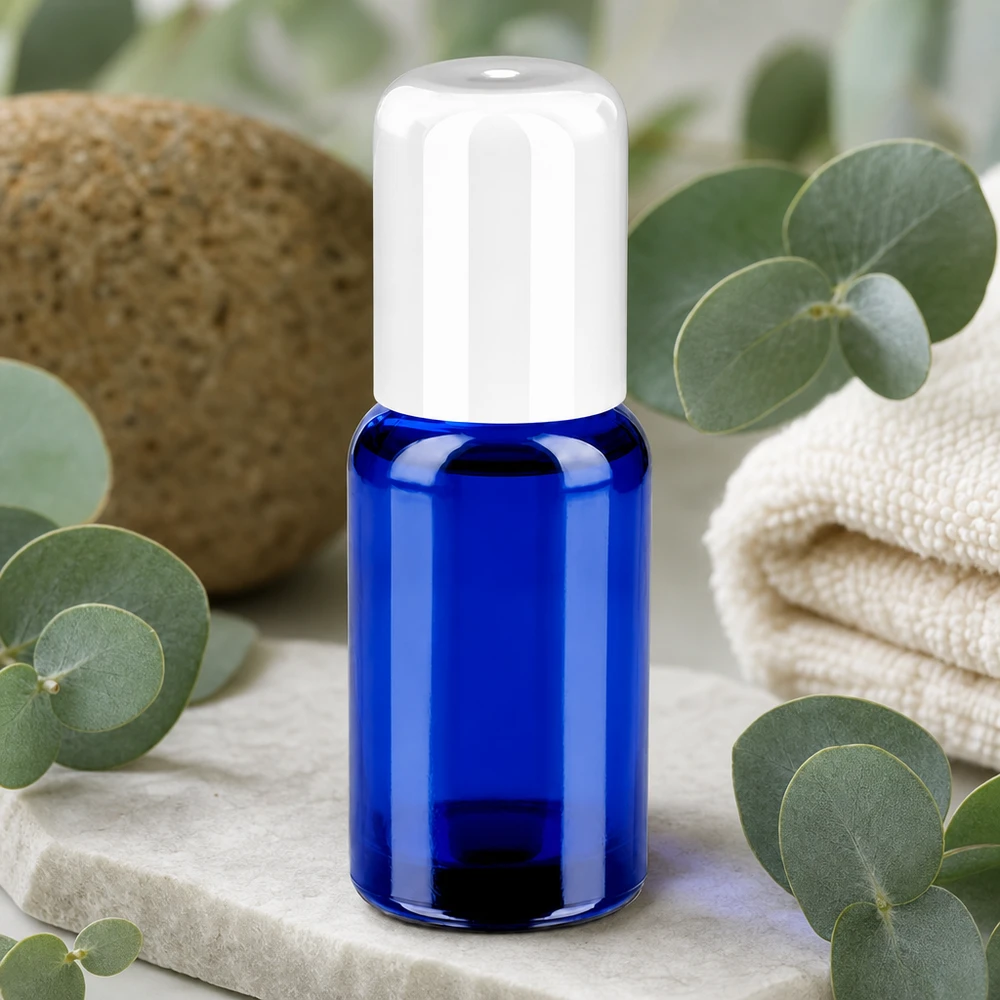 Flacon Roll-On 20ml blanc STD BlueLine UT18/20 Flacon à bille bleu de 20 ml pour la distribution dosée de sérums de parfum et de mélanges d'aromathérapie