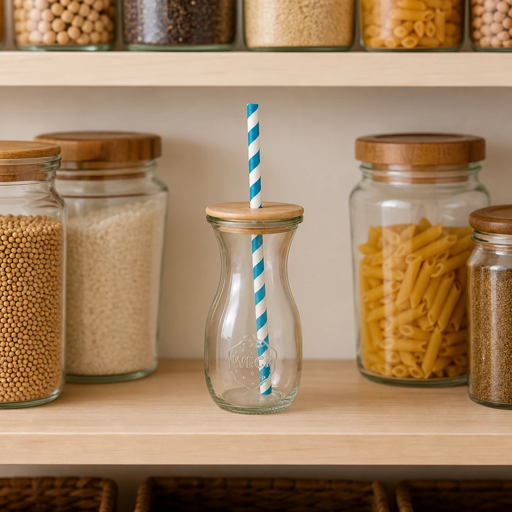 WECK Bouteille en verre 290ml avec couvercle en bois turquoise-blanc paille écologique dans cuisine organisée avec bocaux