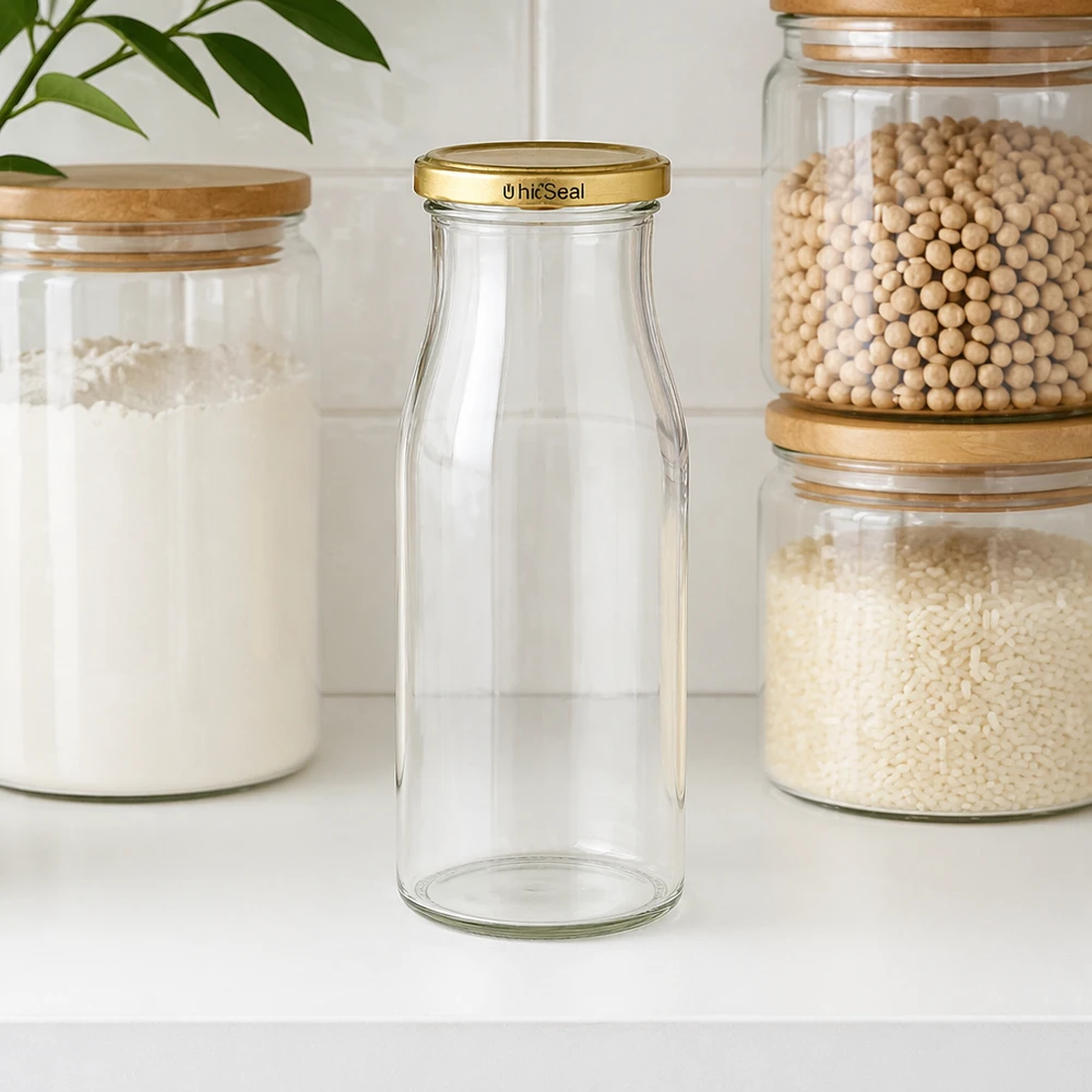 Bouteille en verre vide UNiTWIST 150ml avec bouchon BioSeal doré dans la cuisine entre les bocaux de stockage avec des aliments
