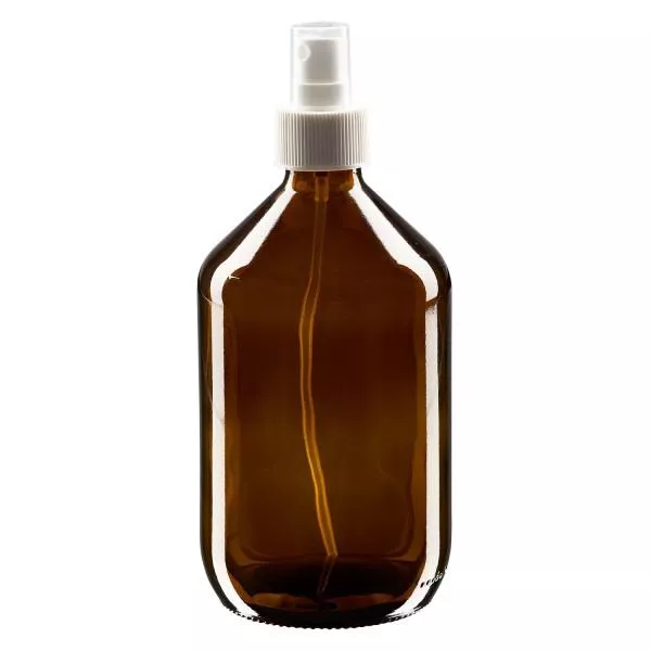 Flacon médical norme européenne de 500 ml avec spray blanc GCMI 28/410 et couvercle transparent, standard Flacon médical norme européenne de 500 ml avec spray blanc GCMI 28/410 et couvercle transparent, standard