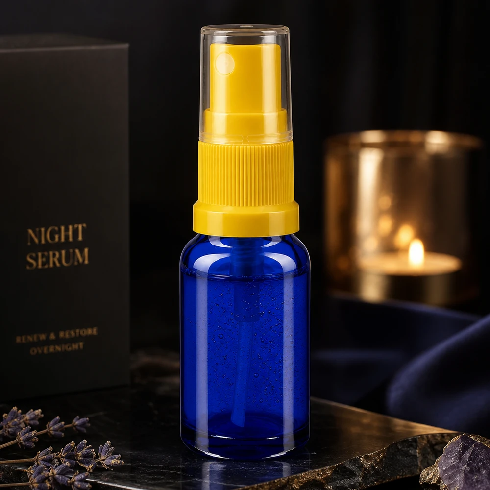 Flacon miniature en verre de 10 ml, bleu cobalt, avec vaporisateur jaune, pour sérum de nuit