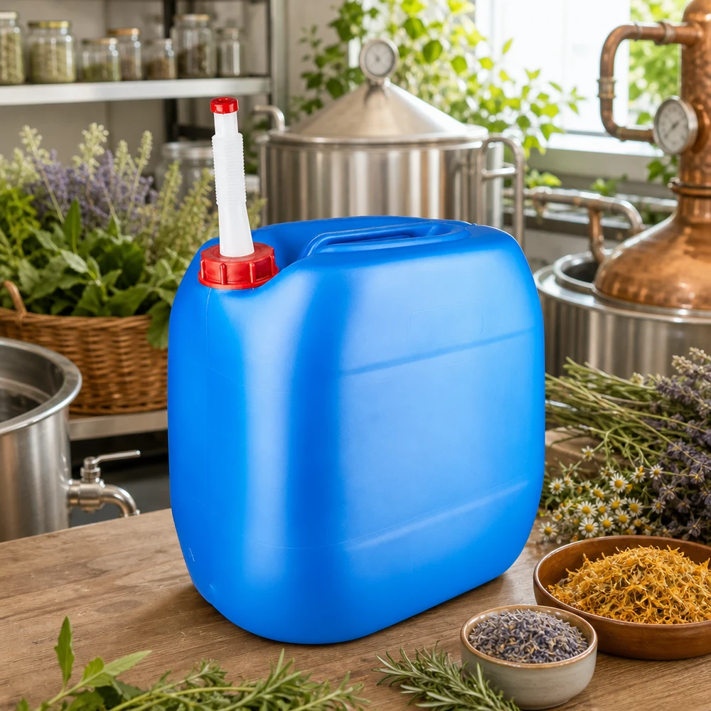 Bidon bleu de 30 litres, adapté au contact alimentaire, avec bec verseur flexible, dans une distillerie botanique