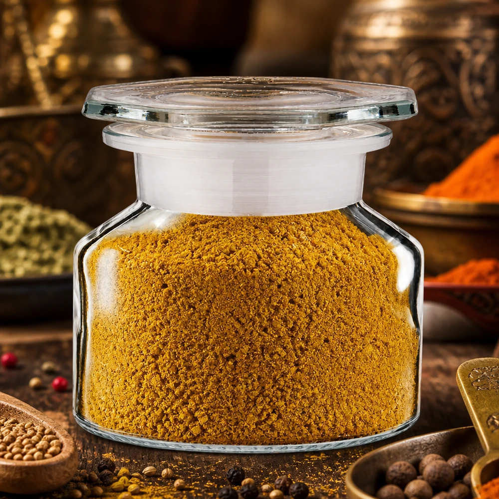 Idée de pot à épices : flacon à col large et conique 50 ml en verre clair + bouchon de verre Flacon à col droit hermétique de 50 ml en verre transparent, contenant de la poudre de curry fine sur un fond en bois rustique