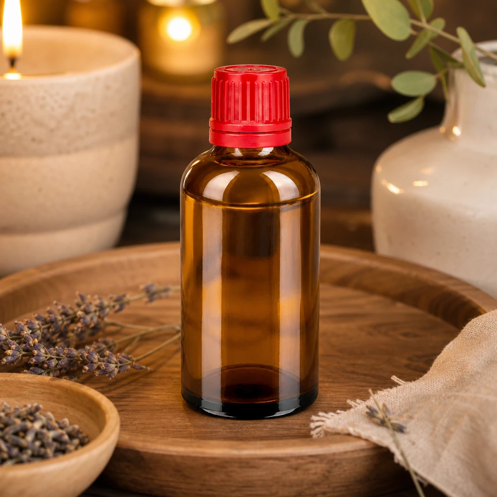Flacon 50ml 11mm SV rouge OV BrownLine UT18/50 Flacon en verre de qualité supérieure 50ml série BrownLine avec bouchon rouge pour cosmétiques naturels