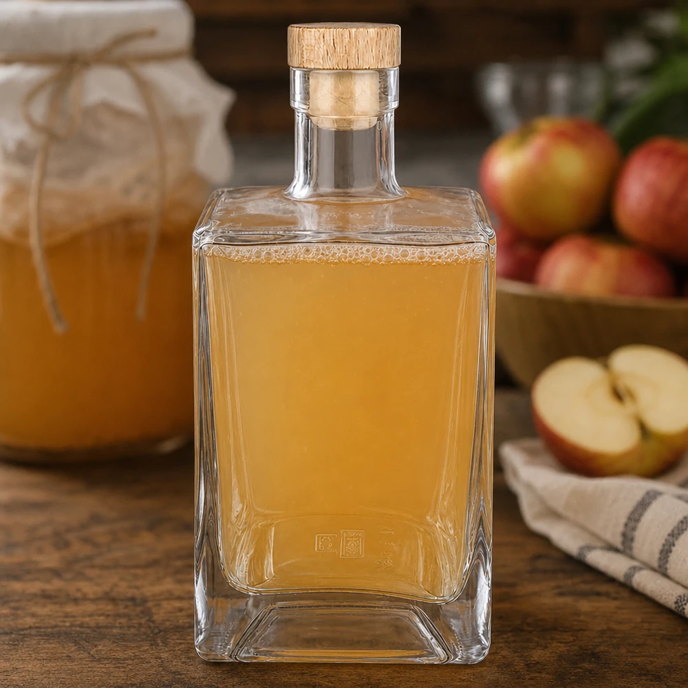 Bouteille en verre 700 ml « Ben » avec bouchon en bois UNiTWIST® Bouteille en verre Ben de 700 ml remplie d'eau-de-vie de pomme à côté de pommes fraîches Scène de cuisine Bouchon en bois UNiTWIST Eau-de-vie de fruits
