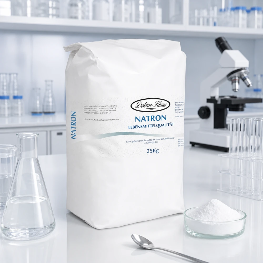 Bicarbonate de soude Doktor Klaus, sac de 25 kg vendu en gros, apte à l’utilisation alimentaire Sac en papier blanc de 25 kg de bicarbonate de soude en poudre dans un environnement de laboratoire pour des applications chimiques professionnelles