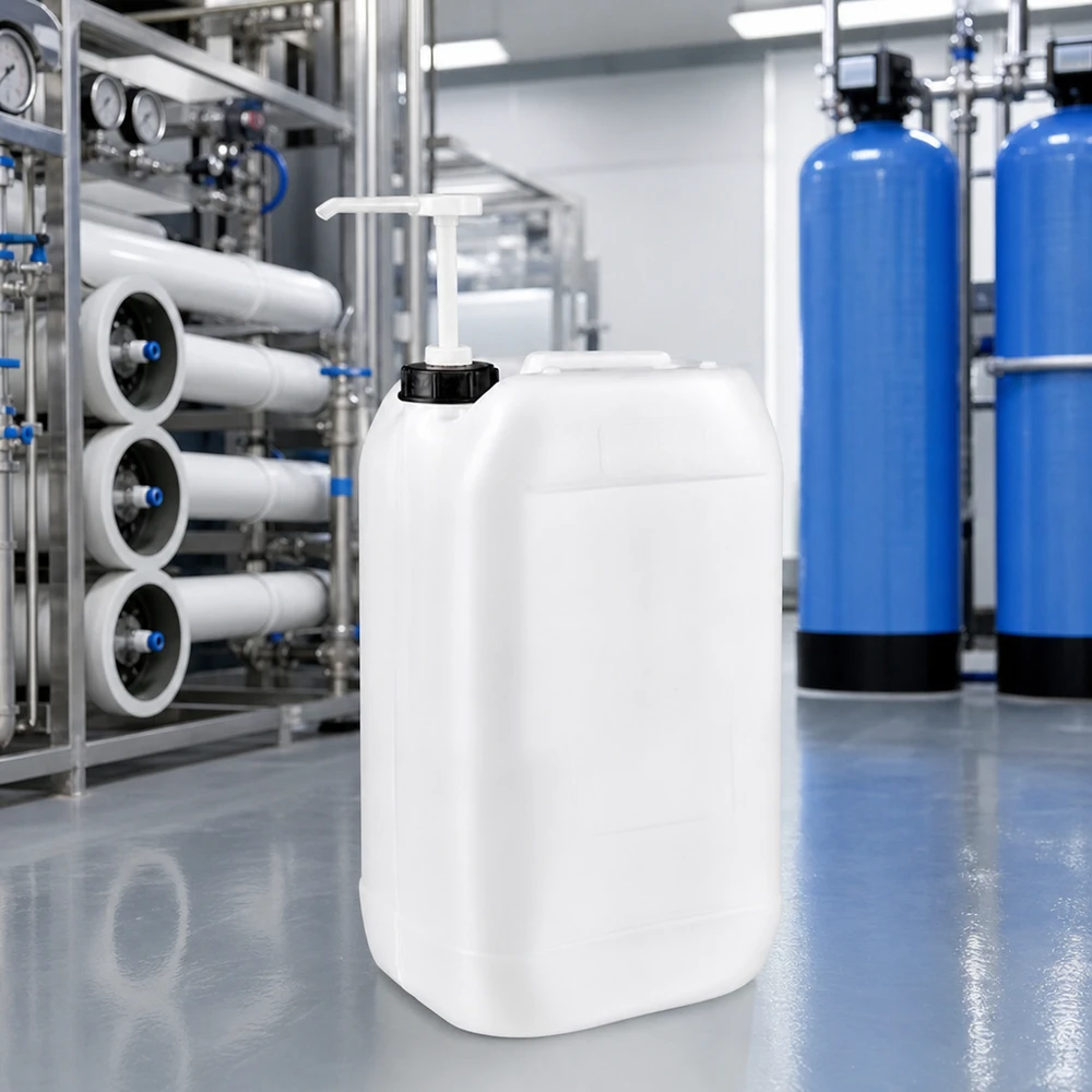 Bidon industriel blanc de 15 litres muni d'une pompe, devant des réservoirs sous pression bleus d'une station de filtration d'eau