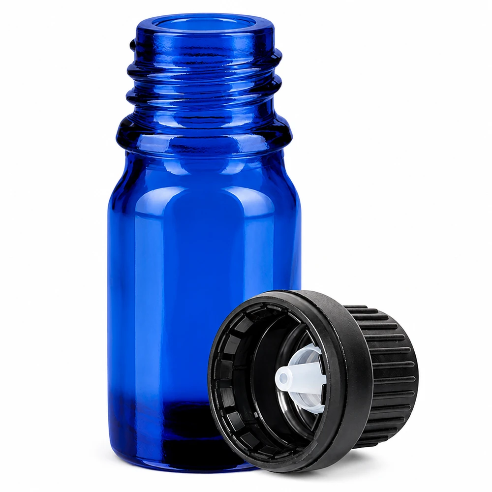 Flacon compte-goutte 5ml 2mm noir OV BlueLine UT18/5 Bouteille en verre bleu de 5 ml avec embout compte-gouttes fin de 2 mm OV BlueLine UT18 pour une utilisation économique