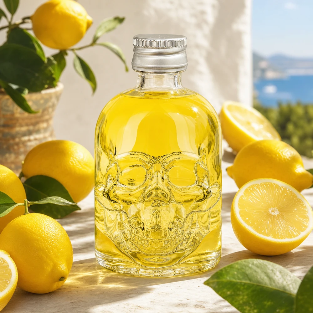 Bouteille en verre 50 ml « Hector » et bouchon à vis argenté UNiTWIST® Bouteille en verre de 50 ml Hector en forme de tête de mort avec un contenu jaune entre des citrons frais décorés sur une table en bois