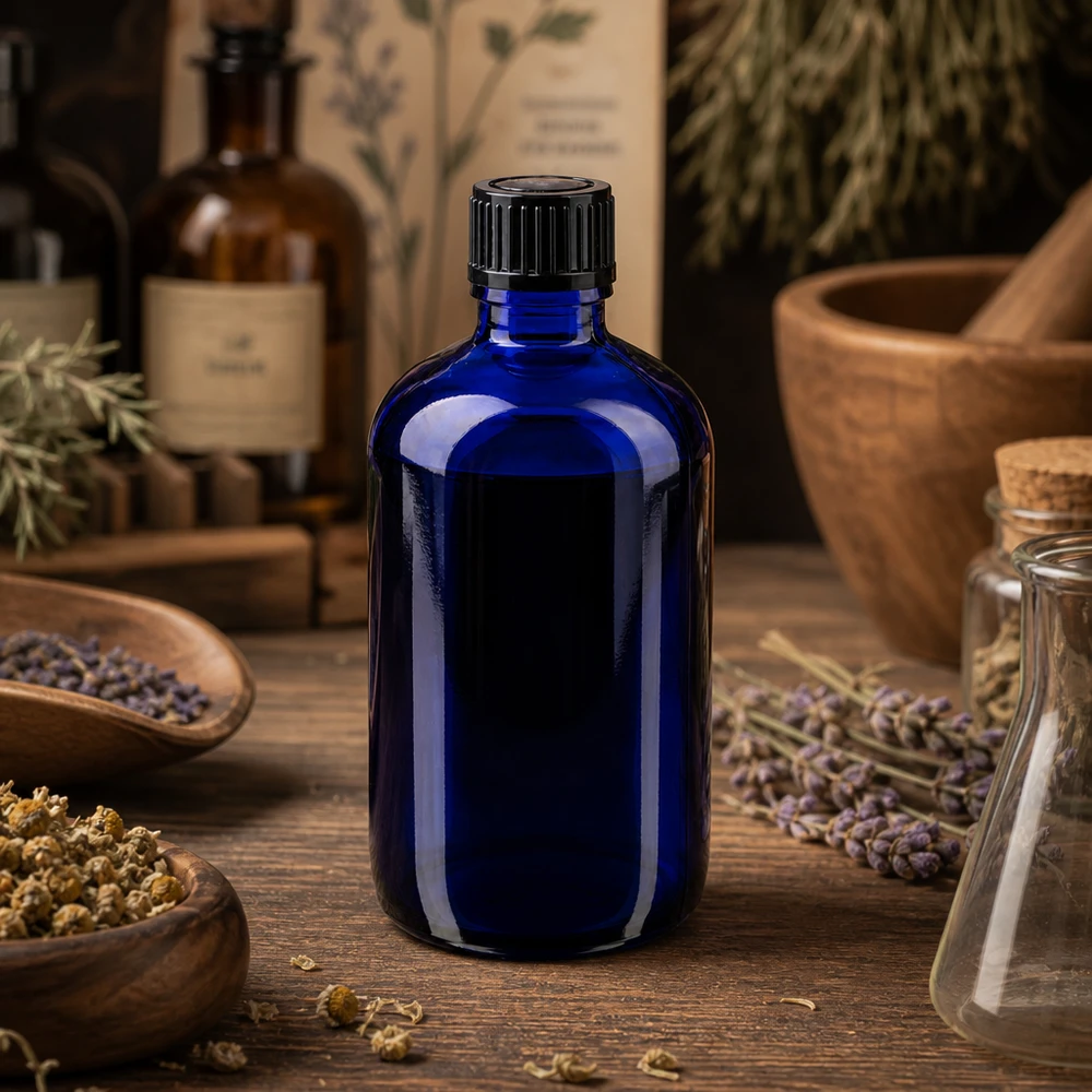 Flacon de pharmacie bleu ApoGlas de 100 ml avec bouchon noir, dans un cadre dédié à la médecine naturelle