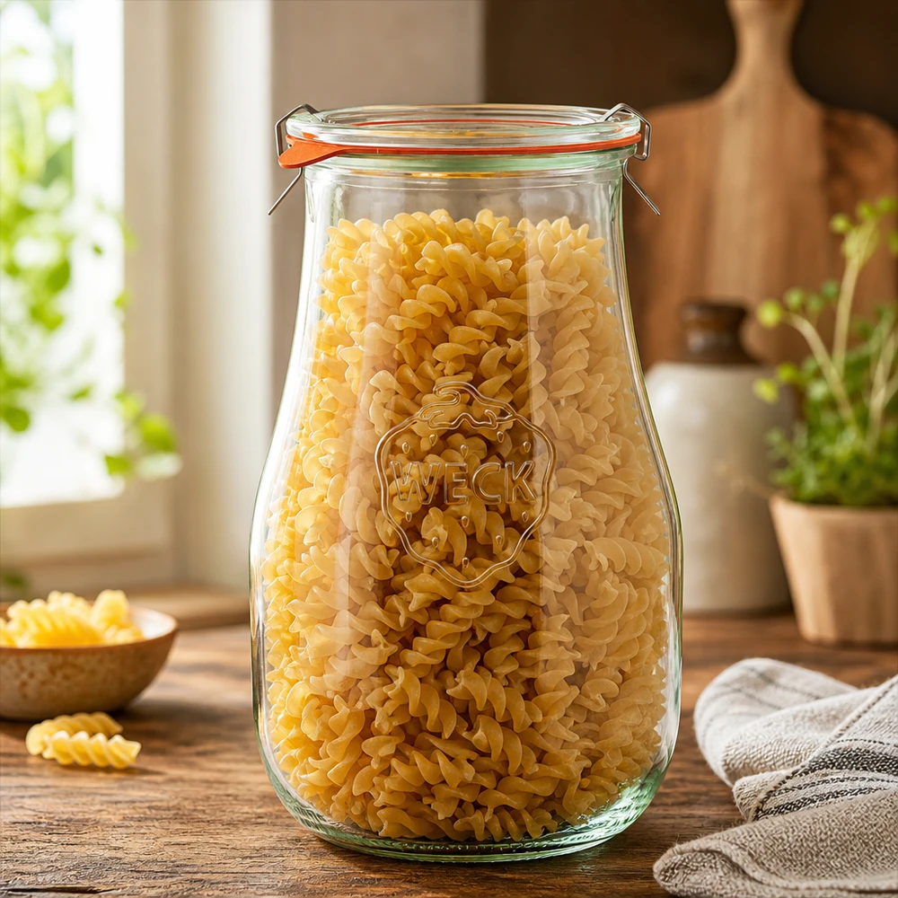 WECK Bocal tulipe 2700ml rempli de pâtes Fusilli comme bocal de réserve dans la cuisine Exemple d'utilisation conservation